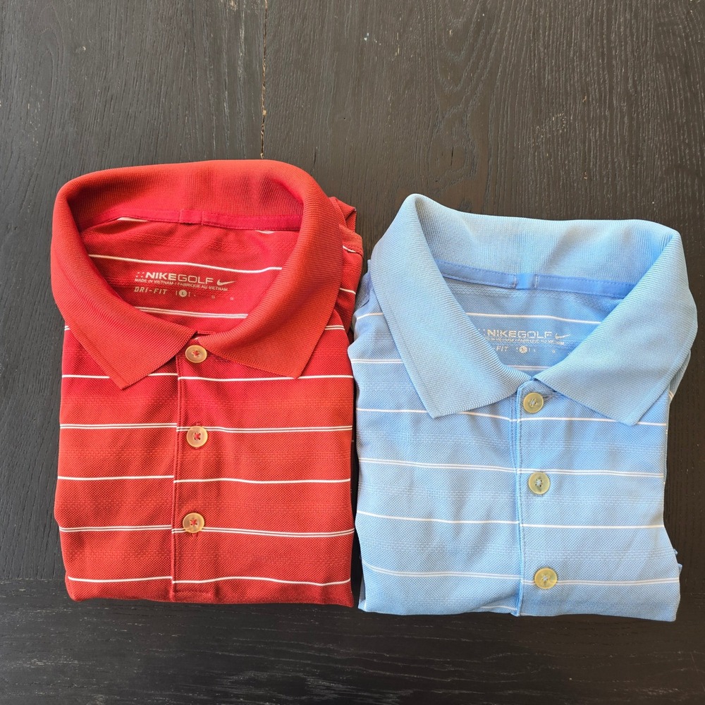 Lot of 2 Nike Golf Dri-Fit Polo Shirts Mens‎ Large Red Blue Striped Short Sleeve